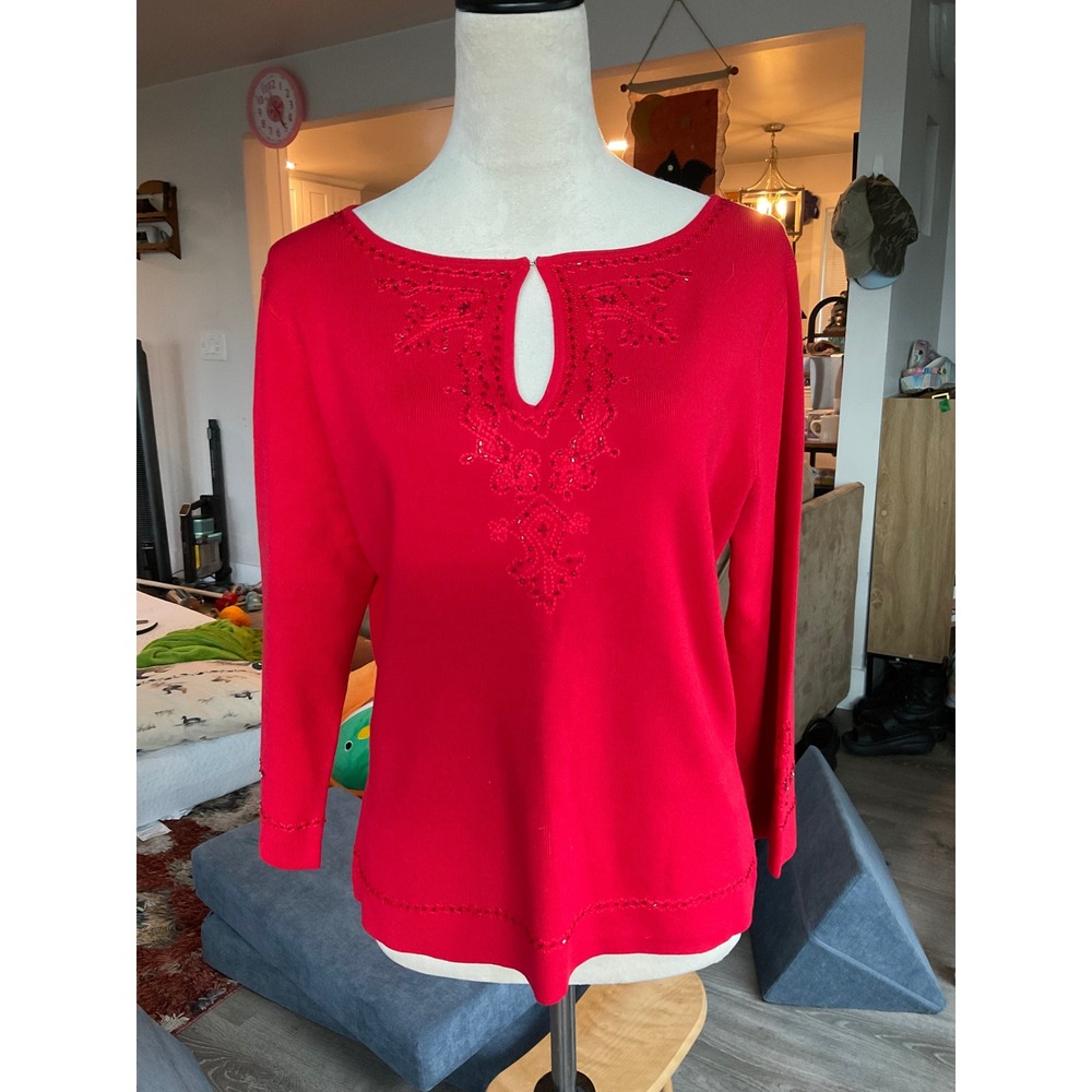 Talbots Red Silk Blend Beaded Keyhole Sweater Old Money Gilmore Holiday